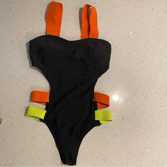 Trendy Black One-Piece Swimsuit with Orange and Yellow Straps - Picture 4 of 4